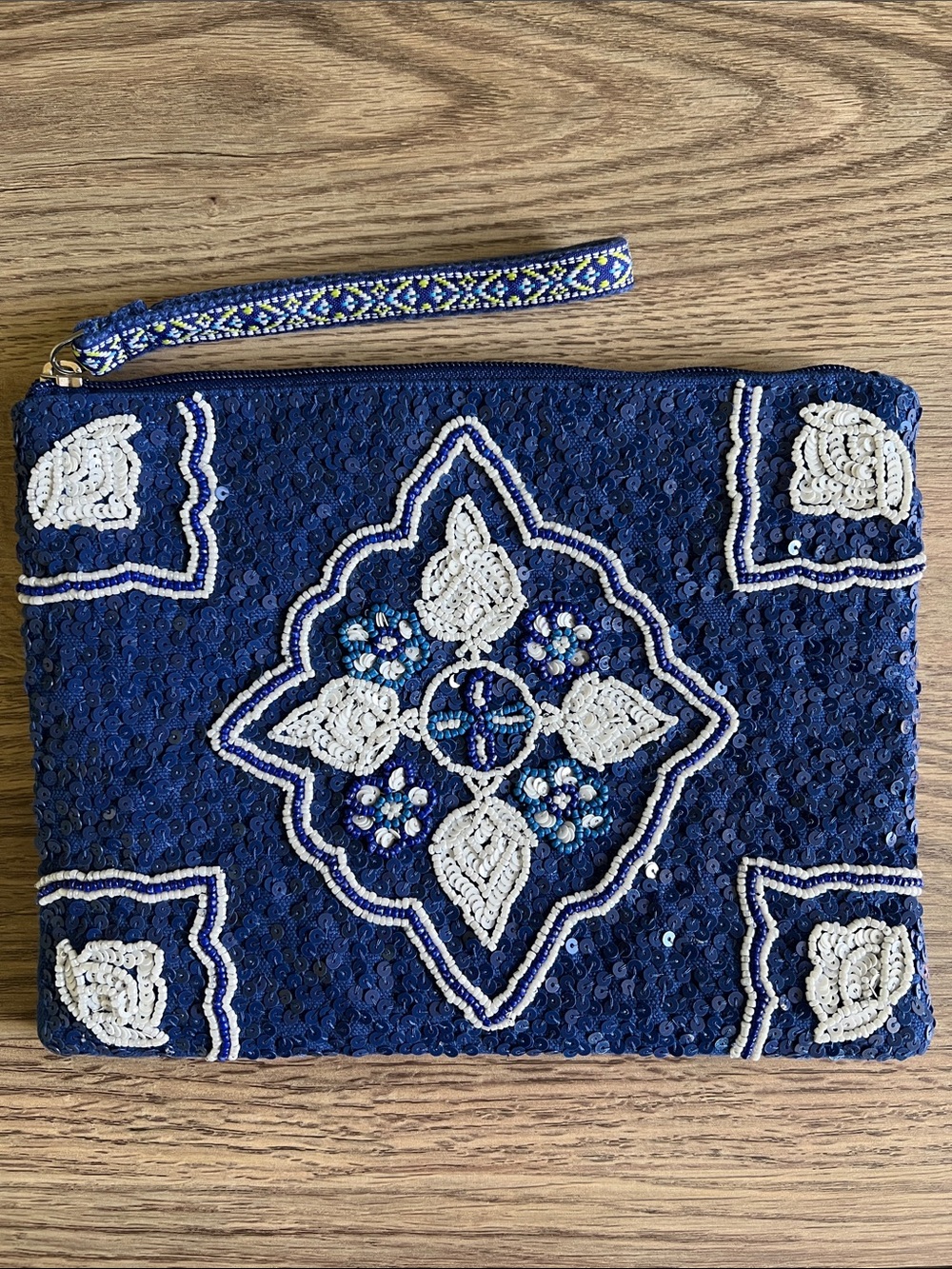 America & Beyond Navy Beaded Sequin Wristlet Clutch with White Embroidery
